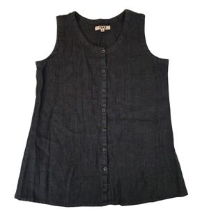 FLAX Women's M Sleeveless Button Down 100% Linen Top Charcoal Black Lagenlook